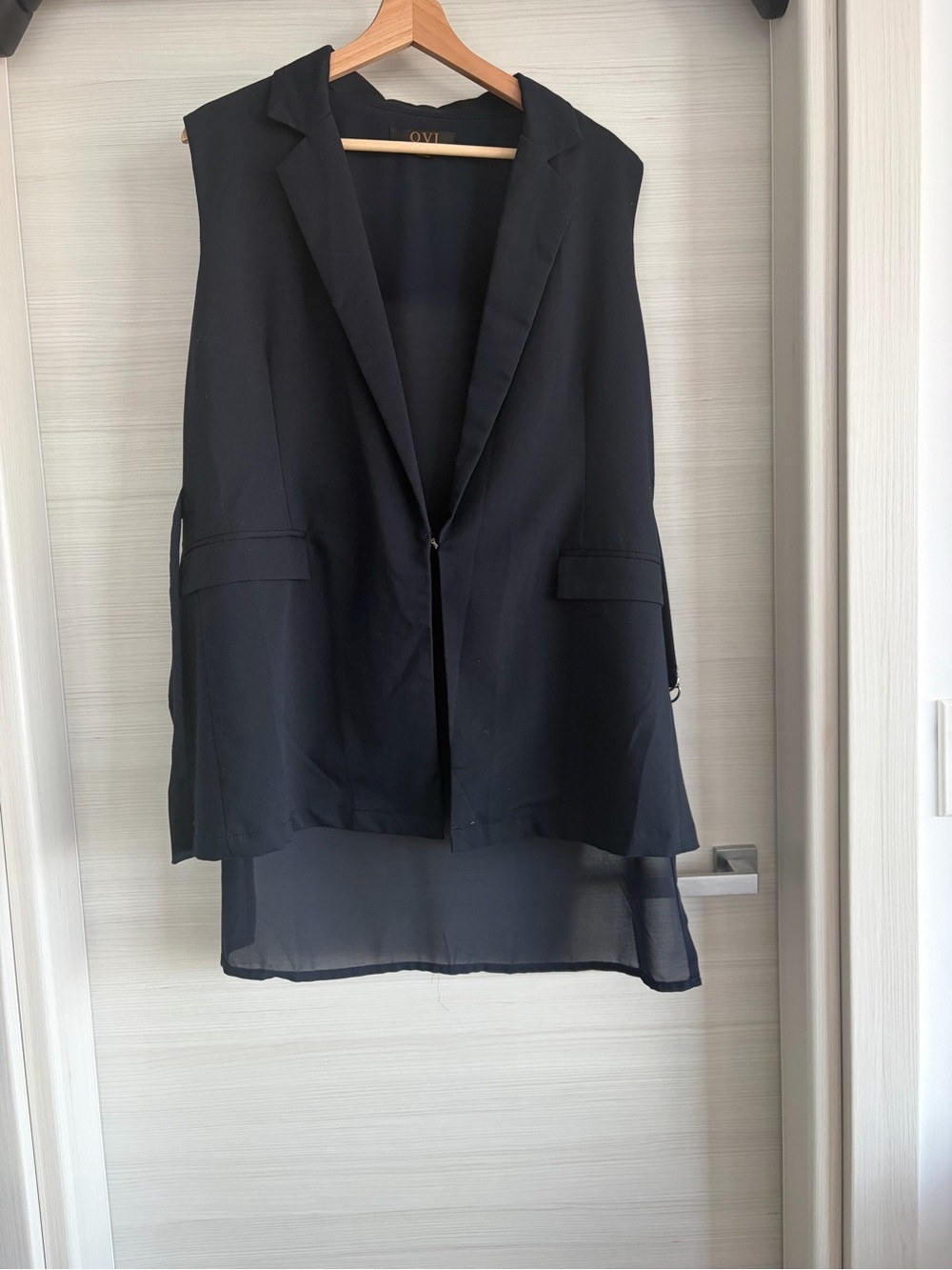 Ovi Black Sleeveless Longline Blazer with Sheer Hem